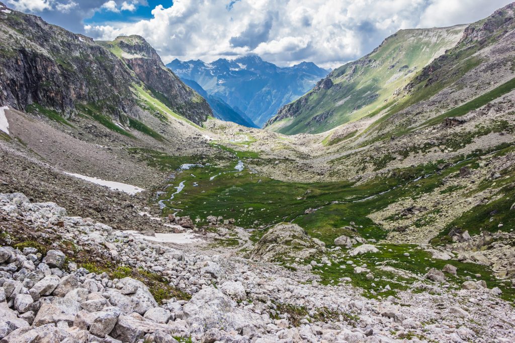 An alpine valley drains to lowland forests.